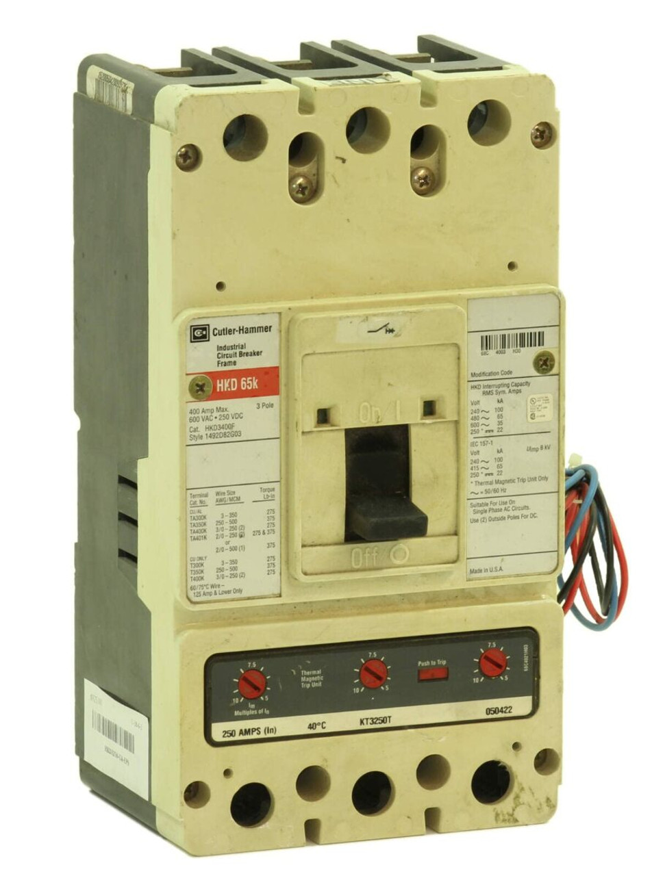 Cutler Hammer HKD3250 Breaker 1/pkg 250A 600V 3P 35kA HKD3400F w/ Trip Unit KT3250T Auxiliary Switch