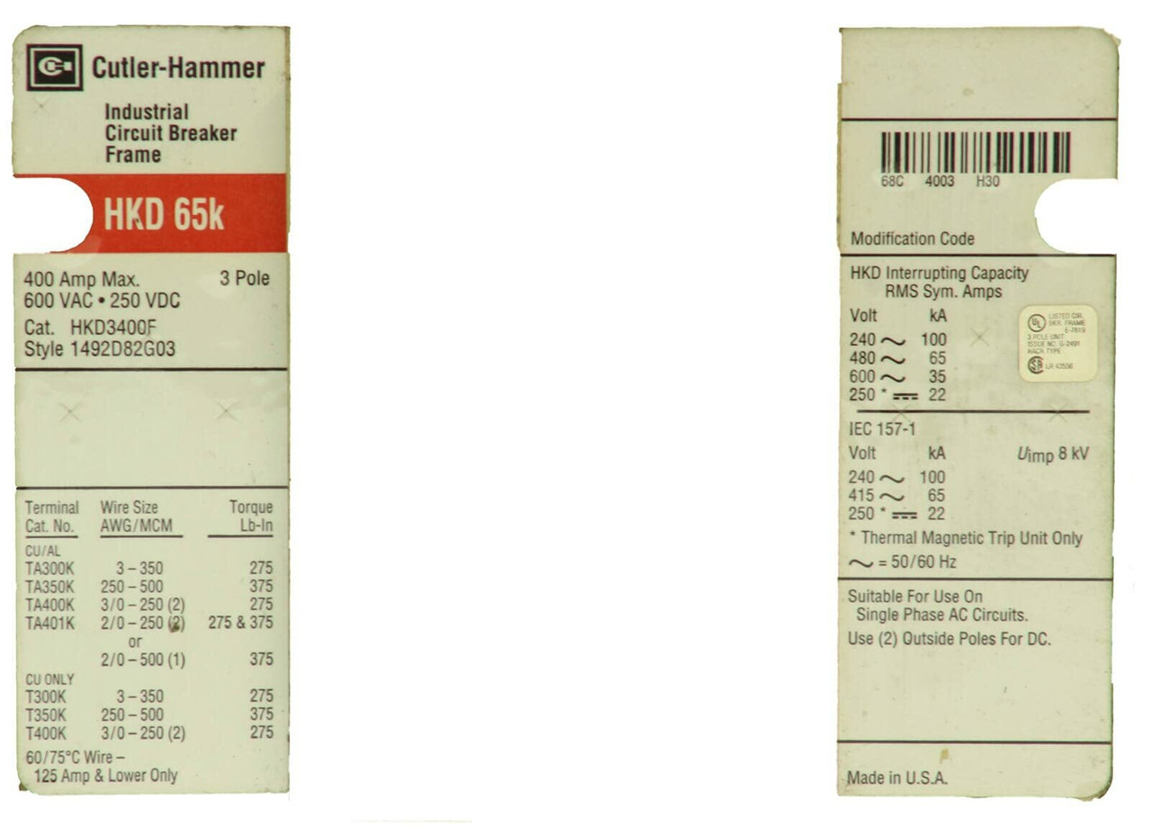 Cutler Hammer HKD3250 Breaker 1/pkg 250A 600V 3P 35kA HKD3400F w/ Trip Unit KT3250T Auxiliary Switch