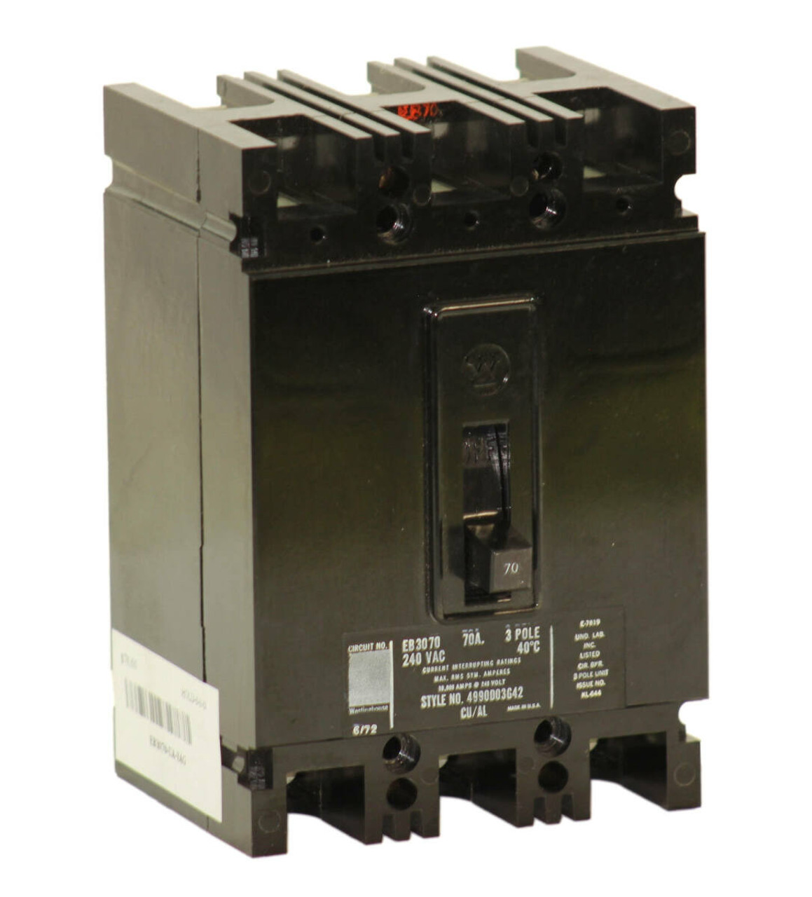 Westinghouse EB3070 Breaker 70A 240V 3P 10kA