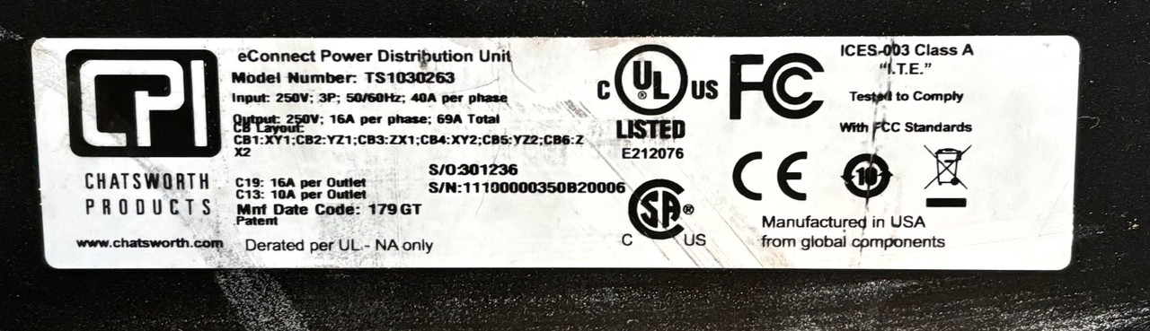 Chatsworth TS1030263 PDU 69A (16A per Phase) 250V (12) C13 and (12) C19 Outlets