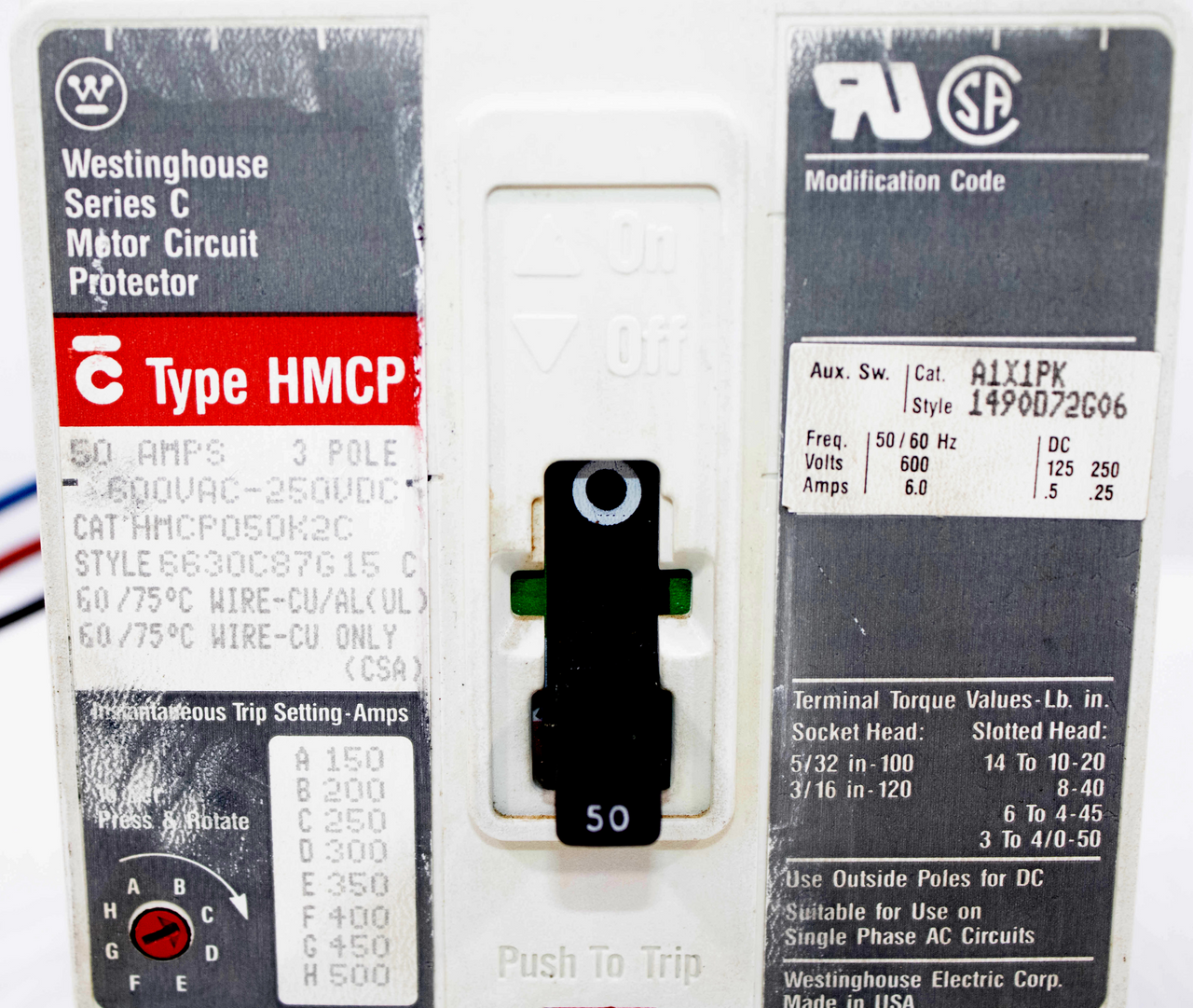 Westinghouse HMCP050K2C Breaker 50A 600V 3P Instantaneous Magnetic Only