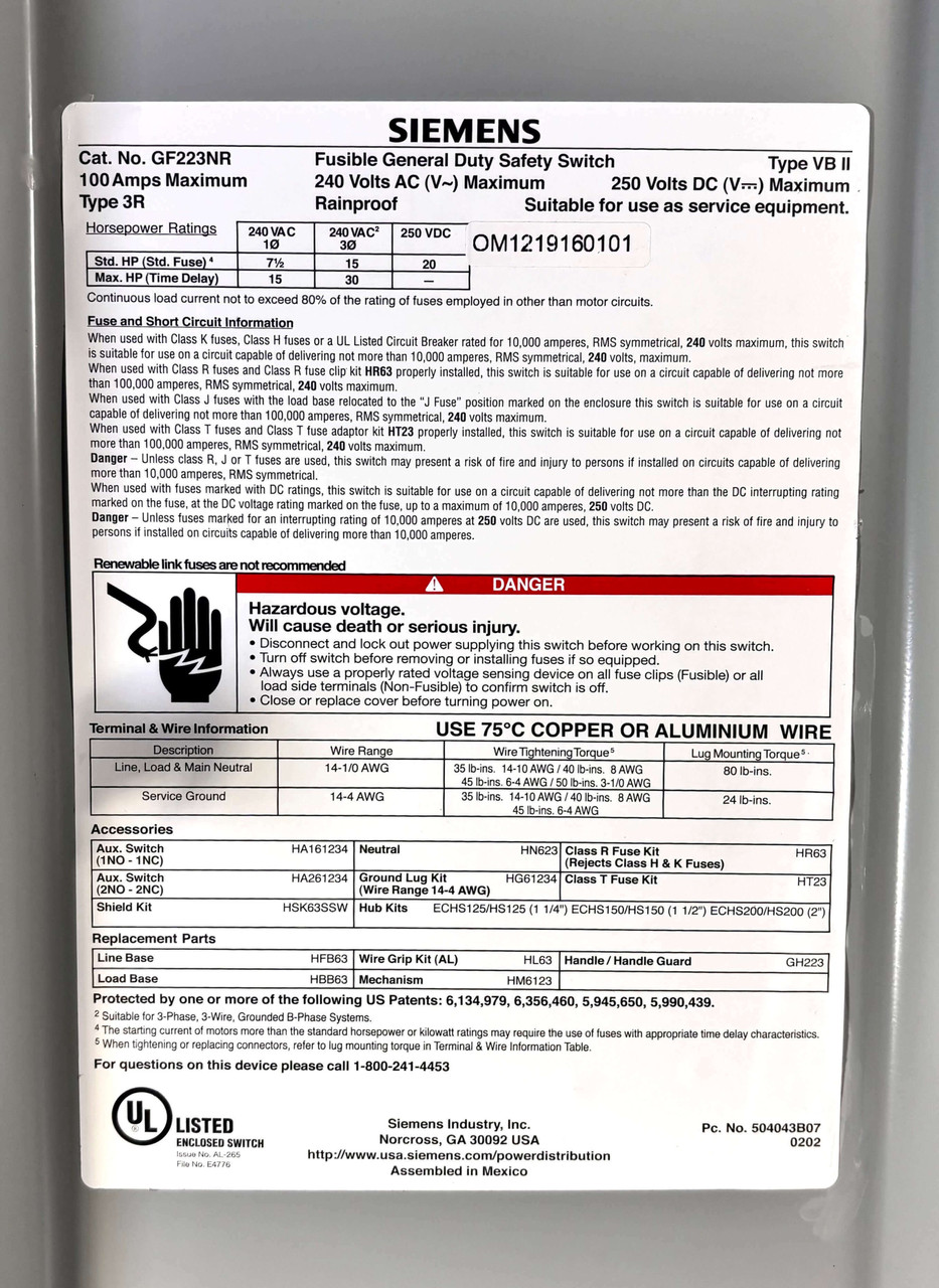 Siemens GF223NR General Duty Safety Switch 100A 240V 2P 3 Wire Fusible Type 3R