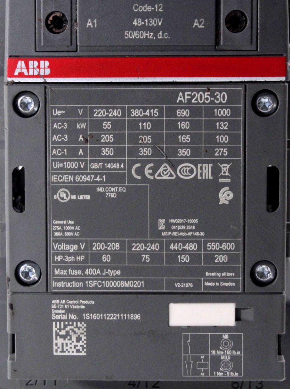 ABB AF205-30 Contactor 275A 1000V 3P 50/60Hz