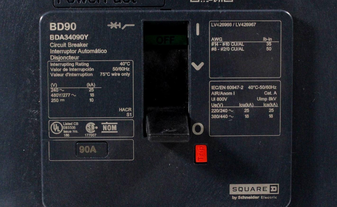 Square D BDA34090Y Breaker 90A 480Y/277V 3P 3PH 18kA PowerPacT B I-Line