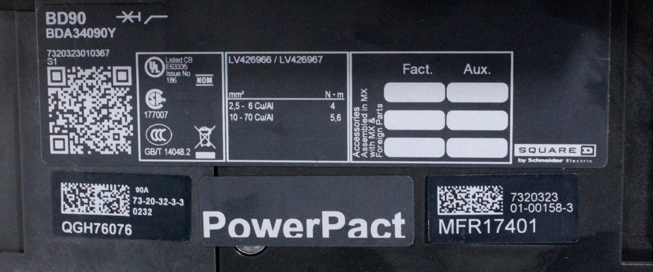 Square D BDA34090Y Circuit Breaker | PowerPacT B | 90A | 3-Pole | 480Y/277V AC | 18kA | I-Line | Thermal Magnetic | ABC