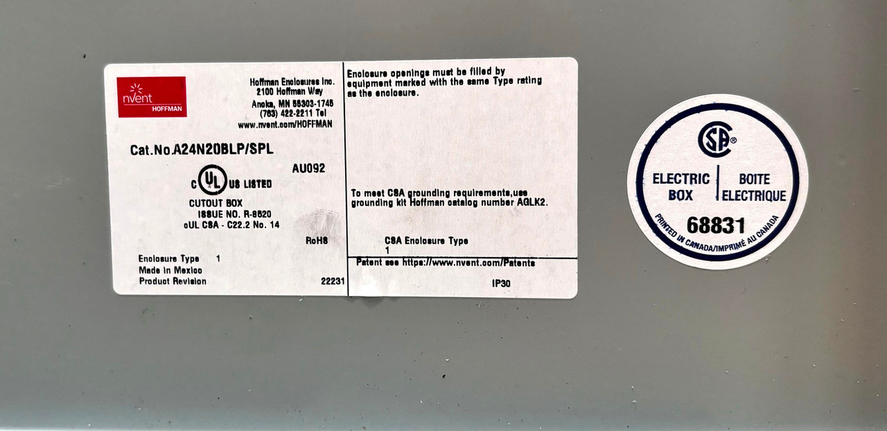 nVent Hoffman A24N20BLP/SPL Medium Hinged-Cover Type 1 Gray Steel W/Rotary Handl