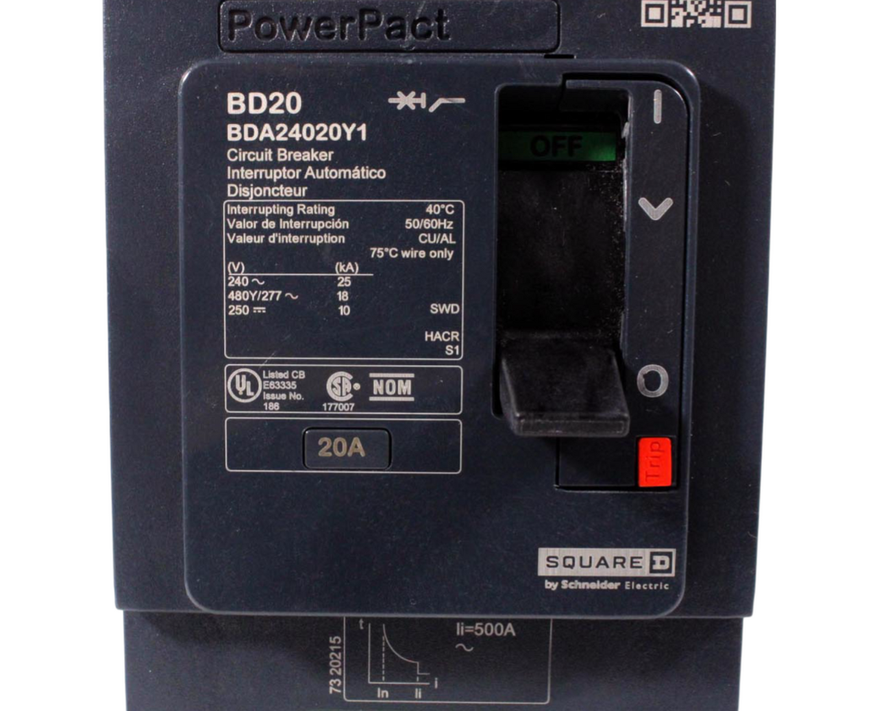 Square D BDA24020Y1 Breaker 20A 480Y/277V 2P 1PH 18kA PowerPacT I-Line Thermal M