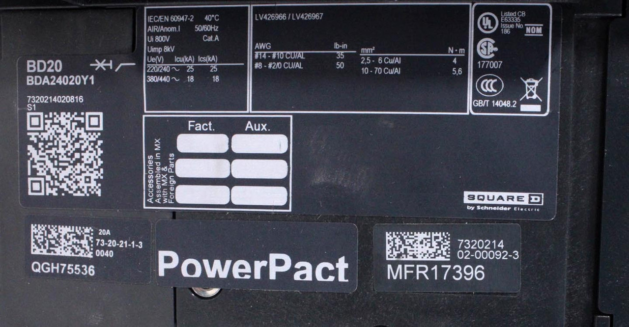 Square D BDA24020Y1 Breaker 20A 480Y/277V 2P 1PH 18kA PowerPacT I-Line Thermal M