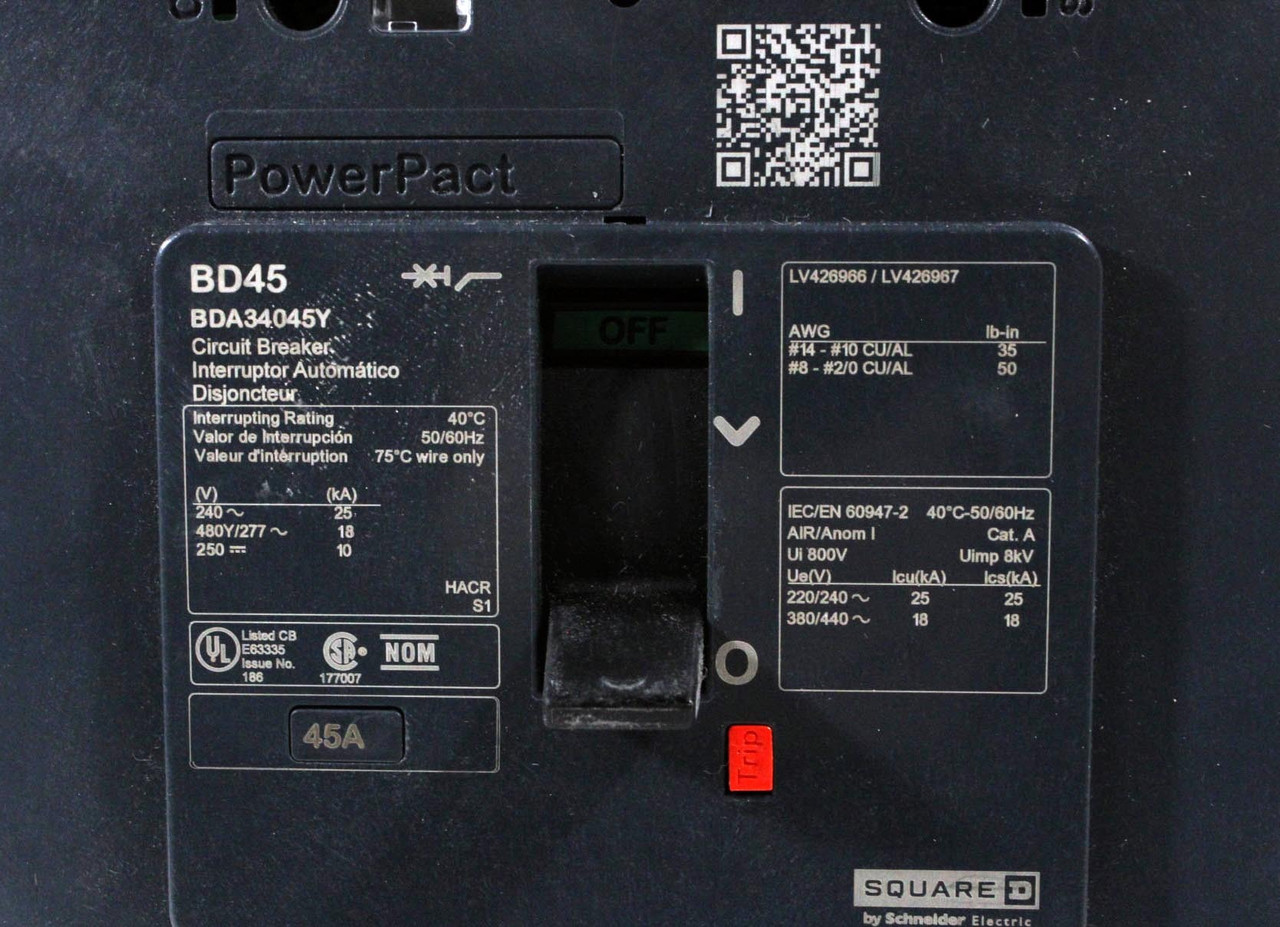 Square D BDA34045Y Breaker 45A 480Y/277V 3P 3PH 18kA PowerPacT B I-Line Thermal Magnetic