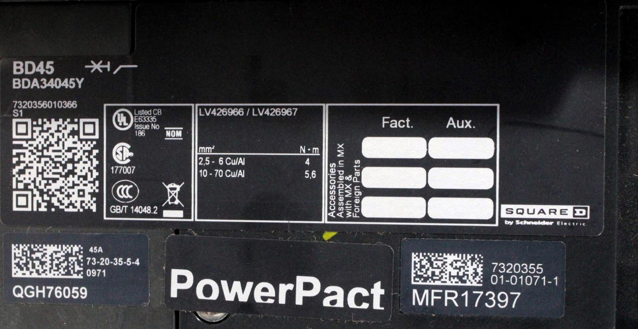 Square D BDA34045Y Breaker 45A 480Y/277V 3P 3PH 18kA PowerPact Thermal Magnetic
