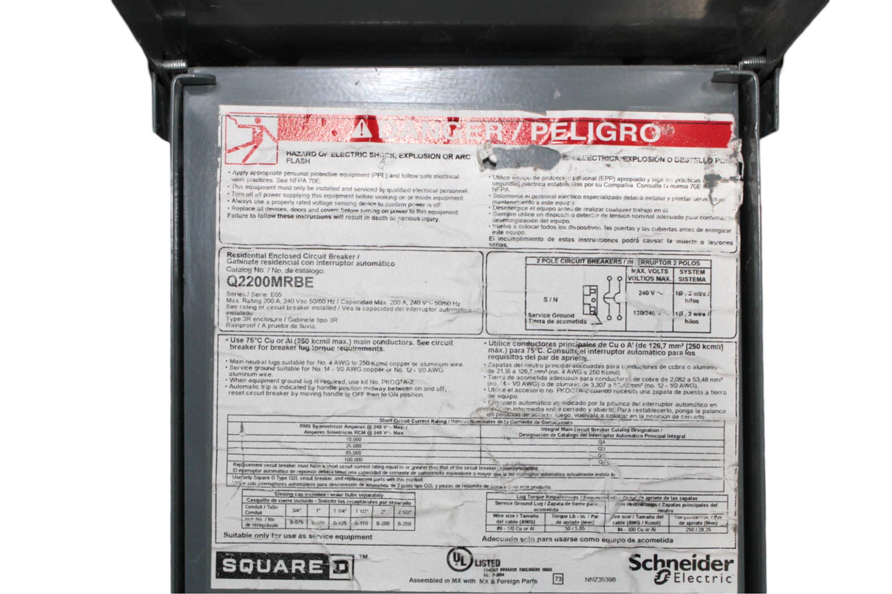 Square D Q2200MRBE Main Breaker Panel NEMA 3R - w/PowerPacT QDL22000RPTL Breaker 200A 240V 50/60Hz 25kA