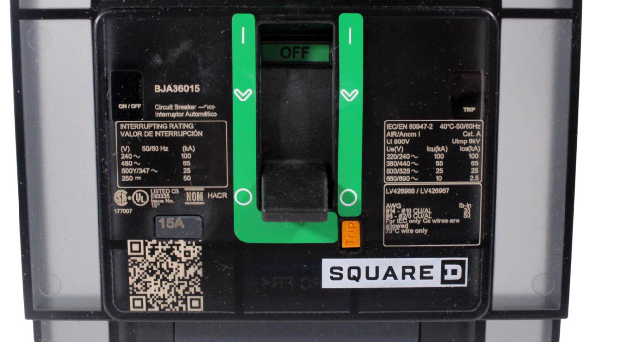 Square D BJA36015 Breaker 15A 600Y/347V 3P 3PH 25kA PowerPacT B I-Line Push to Trip