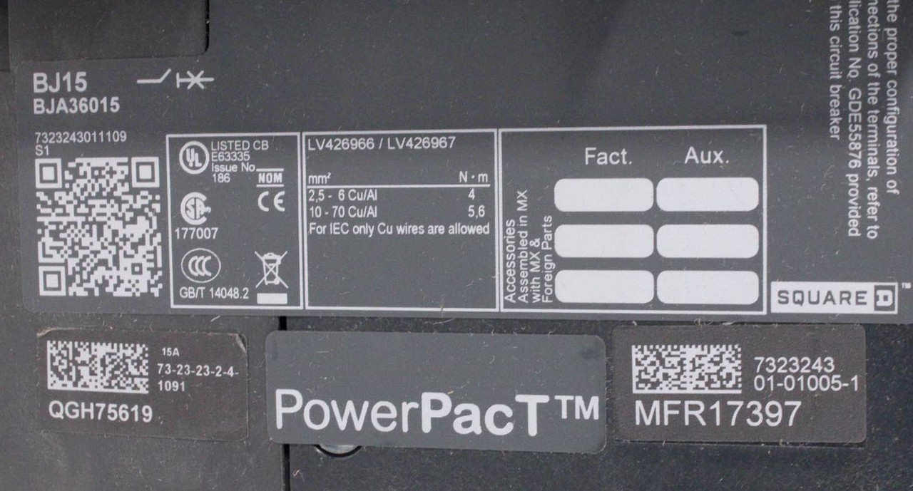 Square D BJA36015 Breaker 15A 600Y/347V 3P 3PH 25kA PowerPacT B I-Line Push to Trip