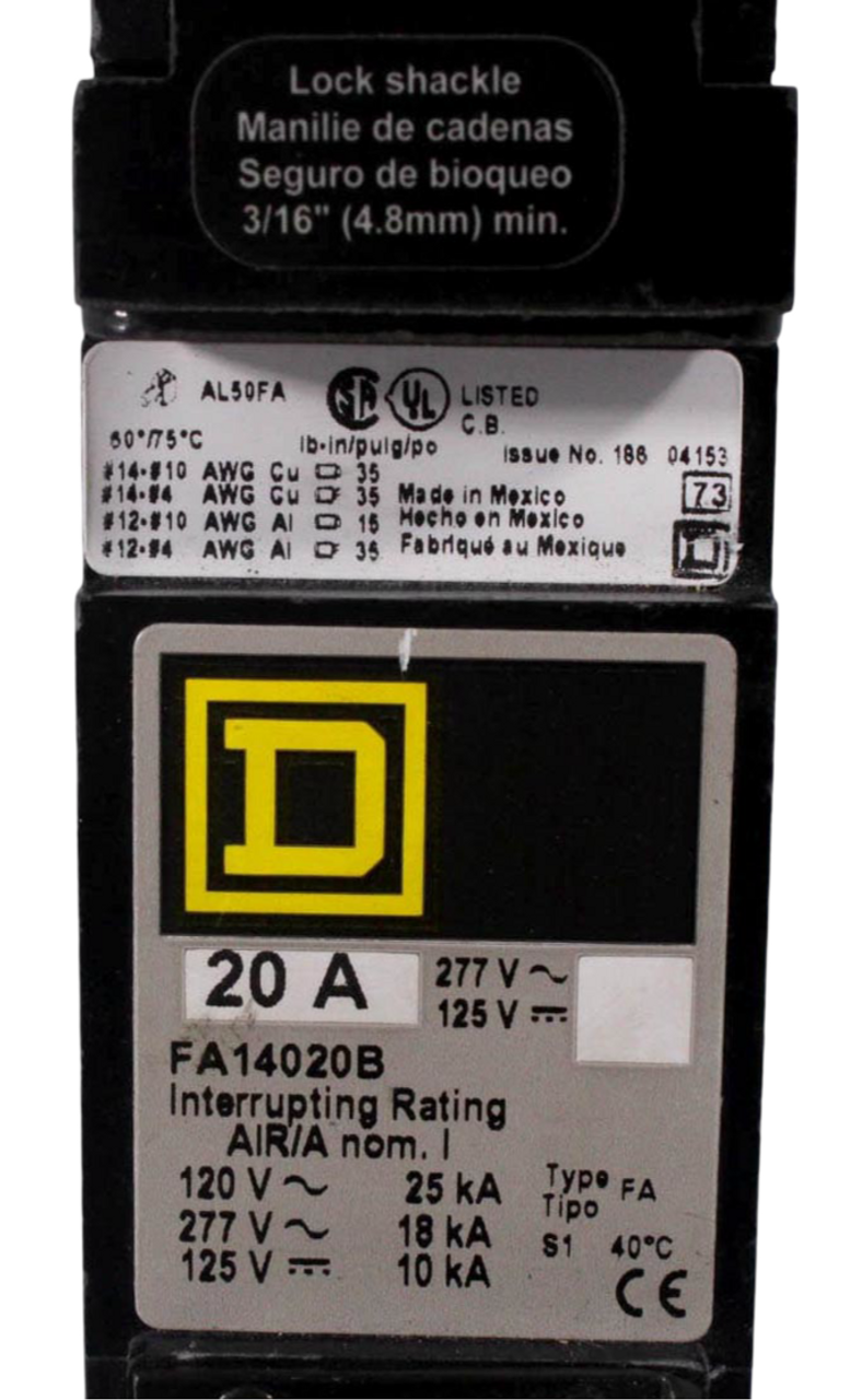 Square D FA14020B Breaker 20A 480Y/277V 1P 1PH 18kA I-Line Thermal Magnetic