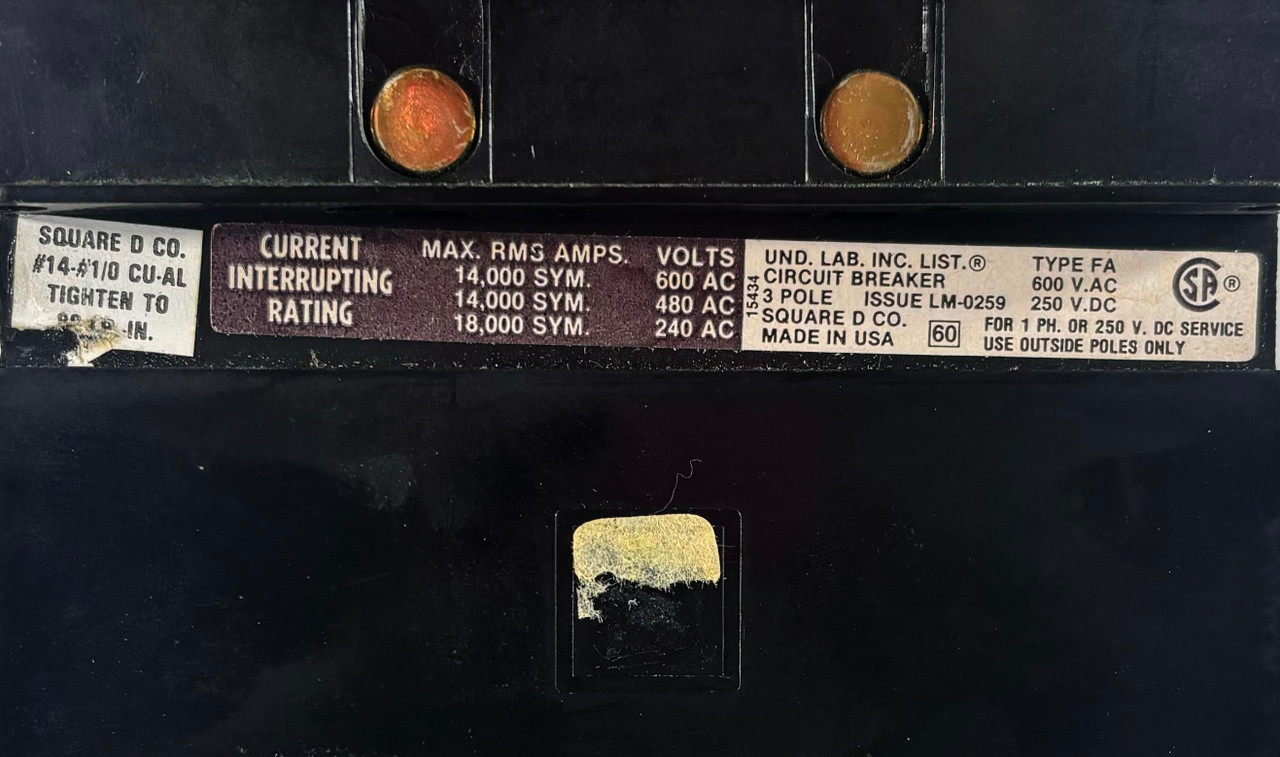 Square D FA36040 Breaker 40A 600V 3P 3PH 14kA I-Line LI Thermal Magnetic