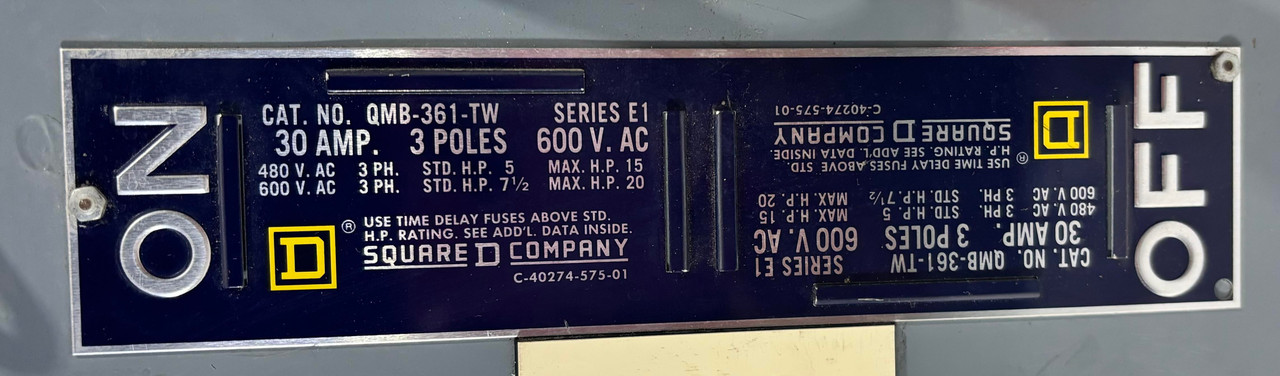 Square D QMB361TW Fuse Switch Disconnector 30A 600V 3P 3PH 7.5HP NEMA KS1 Ser E1