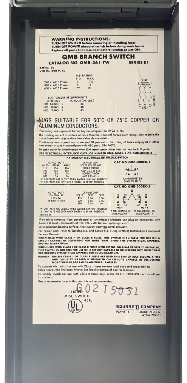 Square D QMB361TW Twin Fusible Disconnect 30/30A 600V 3P 3PH 7.5HP NEMA KS1