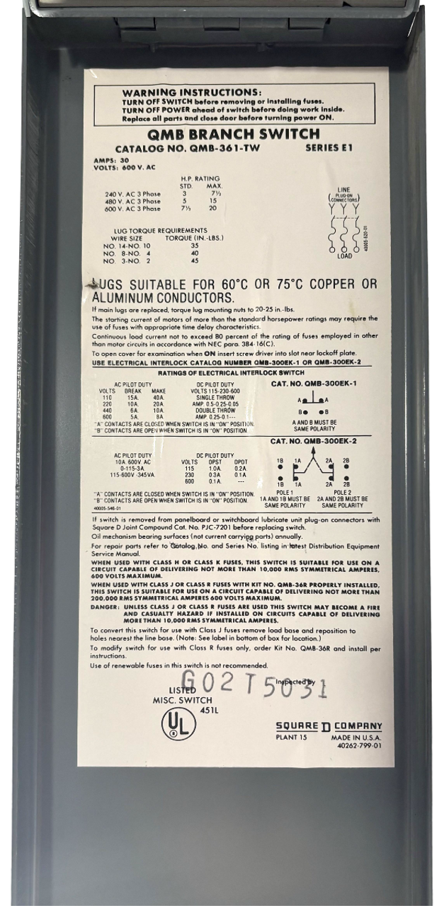 Square D QMB361TW Fuse Switch Disconnector 30A 600V 3P 3PH 7.5HP NEMA KS1 Ser E1