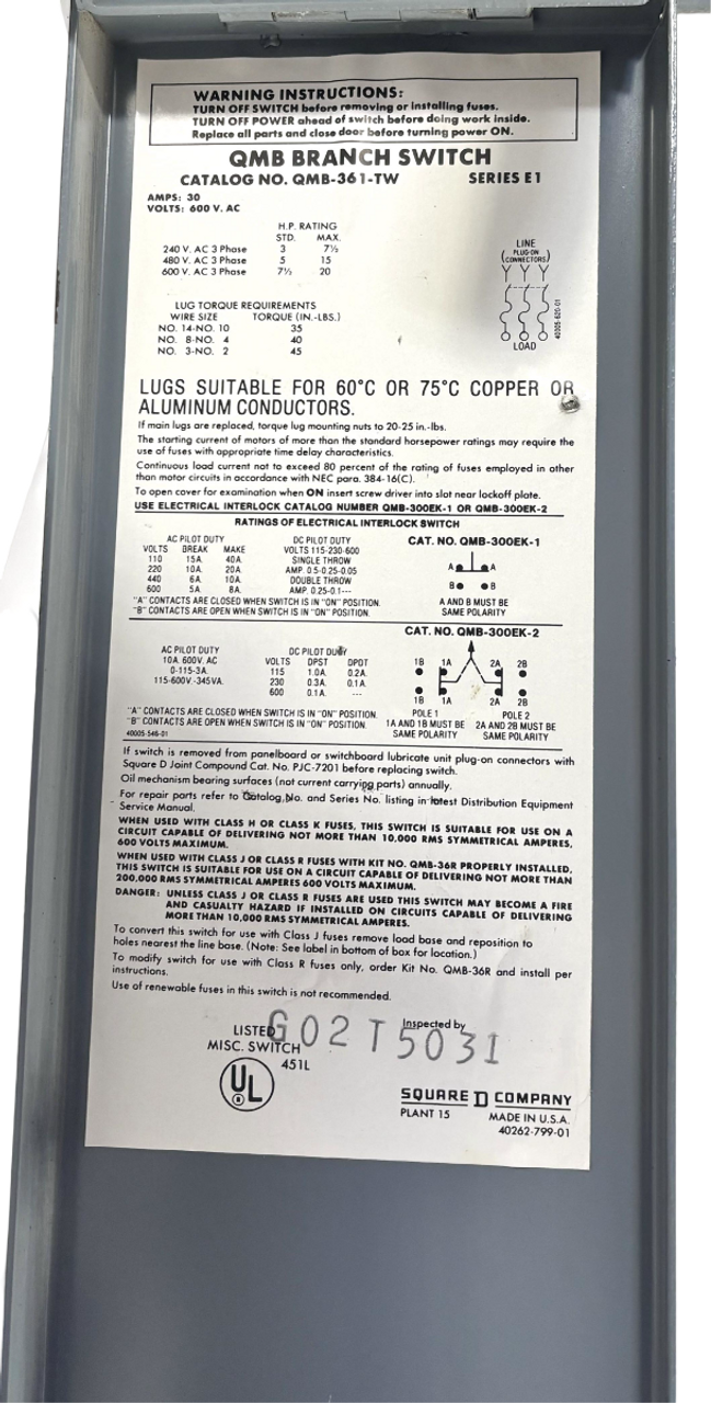 Square D QMB361TW Twin Fusible Disconnect 30/30A 600V 3P 3PH 7.5HP NEMA KS1