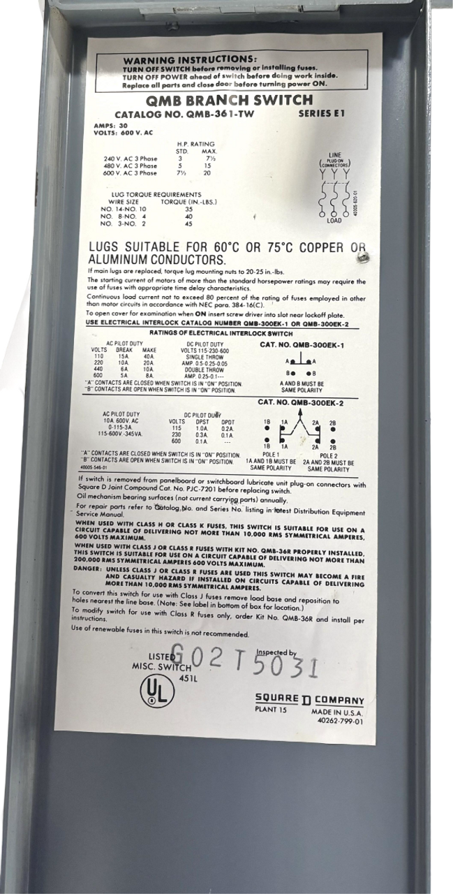 Square D QMB361TW Fuse Switch Disconnector 30A 600V 3P 3PH 7.5HP NEMA KS1 Ser E1