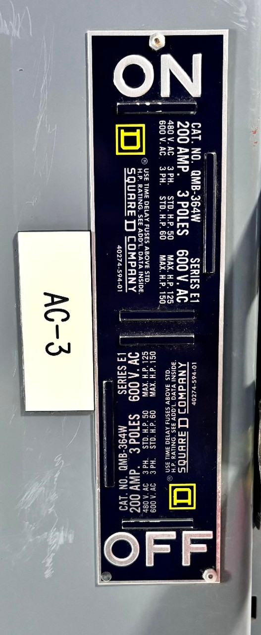 Square D QMB364W Switch Unit 200A 600V 3P 3PH 150HP NEMA KS1 Ser E1 Fusible