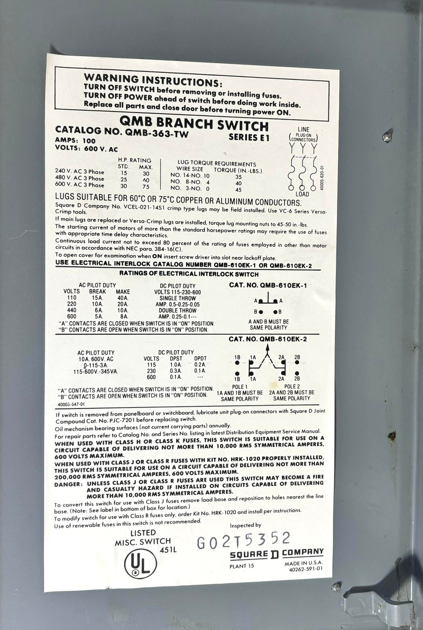 Square D QMB363TW Fuse Switch Disconnector 100A 600V 3P NEMA KS1 Ser E1 Fusible