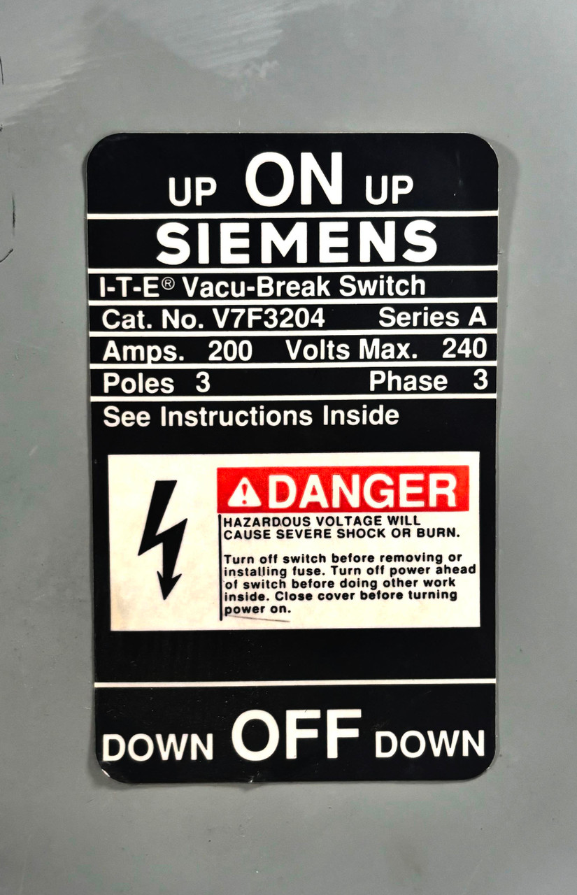 Siemens V7F3204 Fusible Vacu-Break Switch - 200A 240V 3P 3PH Series A