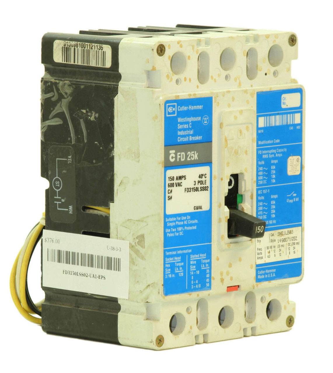 Cutler Hammer FD3150LSS02 Breaker 150A 600V 3P 18kA with Shunt Trip Series C Industrial