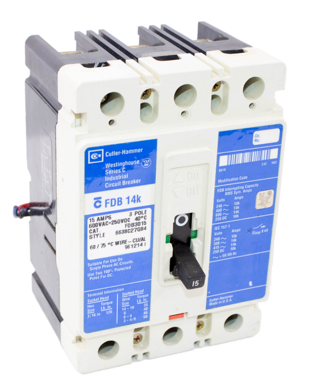 Cutler Hammer FDB3015 Breaker 15A 600V 3P 14KA Thermal Magnetic Long-Time