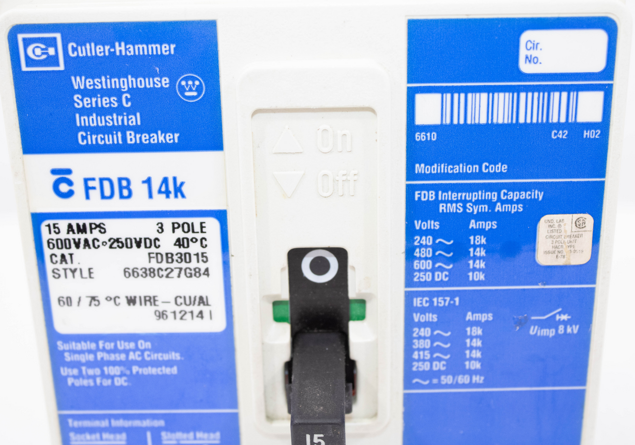 Cutler Hammer FDB3015 Breaker 15A 600V 3P 14KA Thermal Magnetic Long-Time