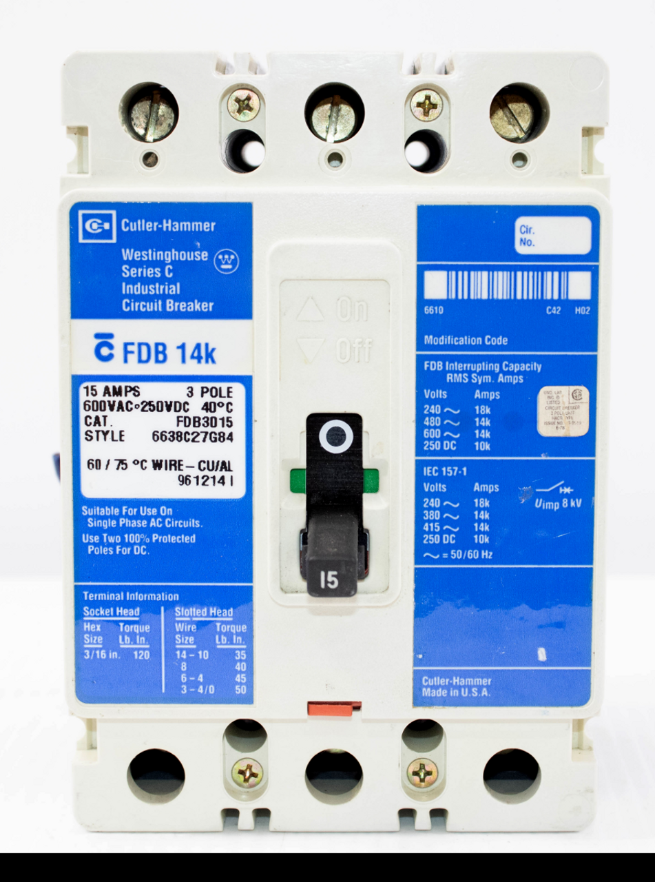 Cutler Hammer FDB3015 Breaker 15A 600V 3P 14KA Thermal Magnetic Long-Time