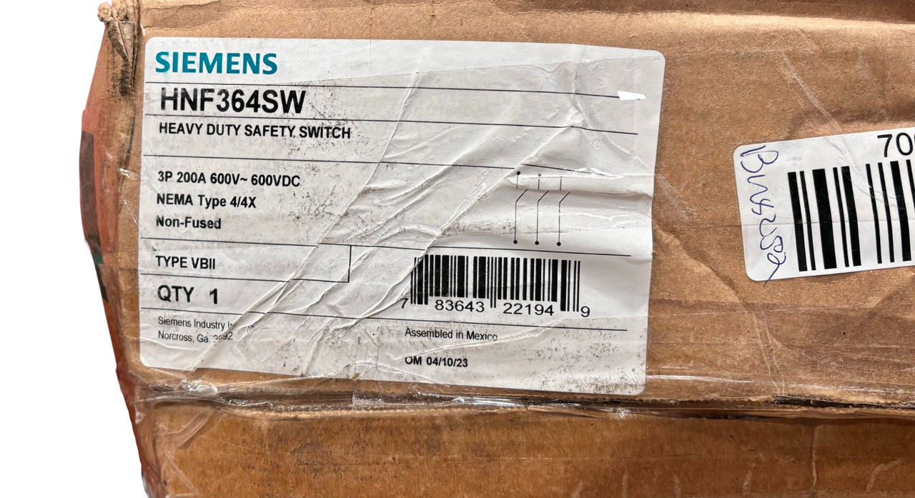 Siemens HNF364SW Safety Switch 200A 600V 3P 3W NEMA 4/4X Non-Fusible W/Window