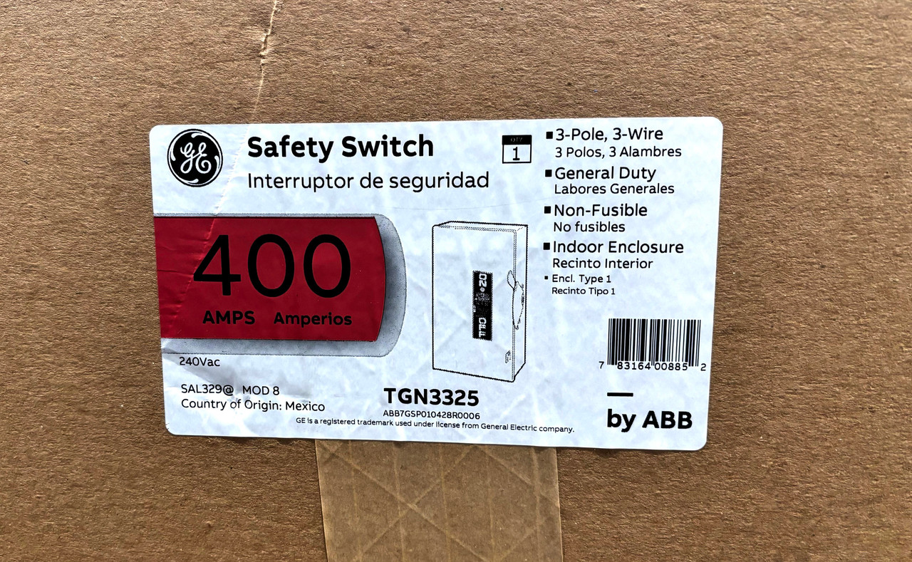 General Electric TGN3325 Safety Switch 400A 240V 3P 3W 100HP NEMA 1 Non-Fusible