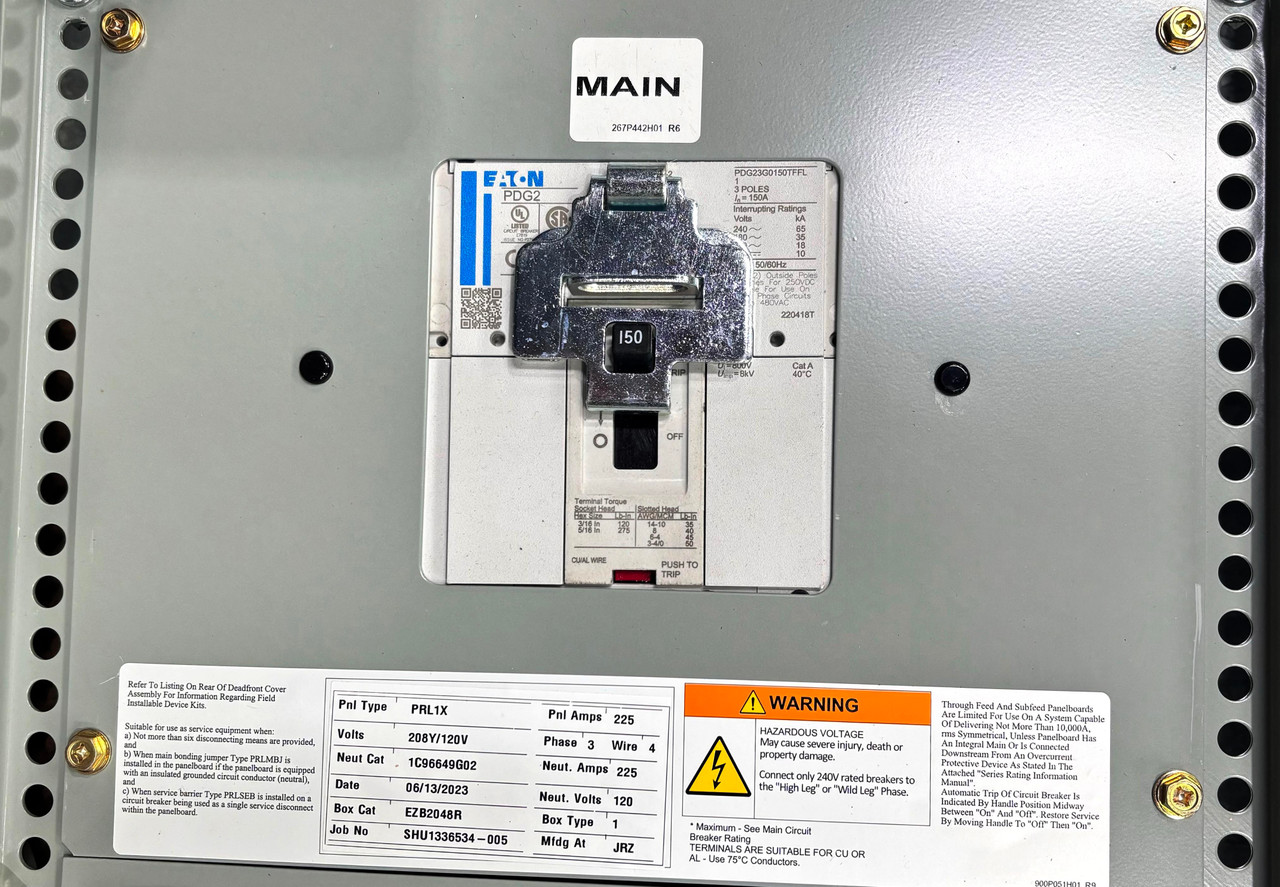 Eaton PRL1X MCB Panelboard 225A 208Y/120V 3P 4W 42S W/ EZB2048R Enclosure and EZT2048S Trim