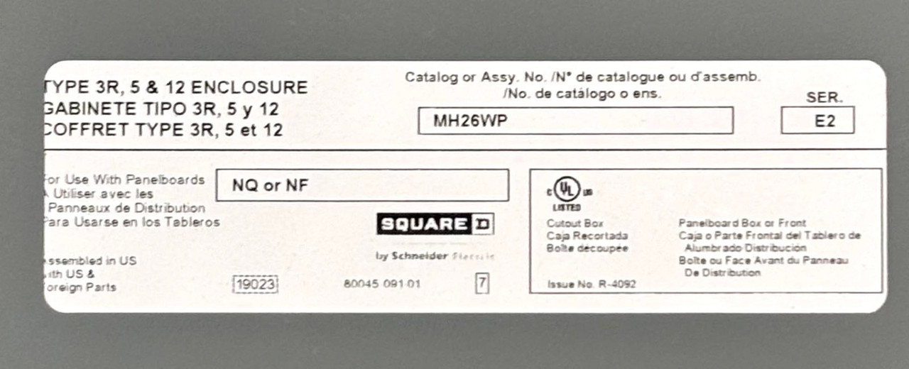 Square D MH26WP Enclosure W/Main Lug NF Panelboard NEMA 3R/5/12 Steel Surface Mount