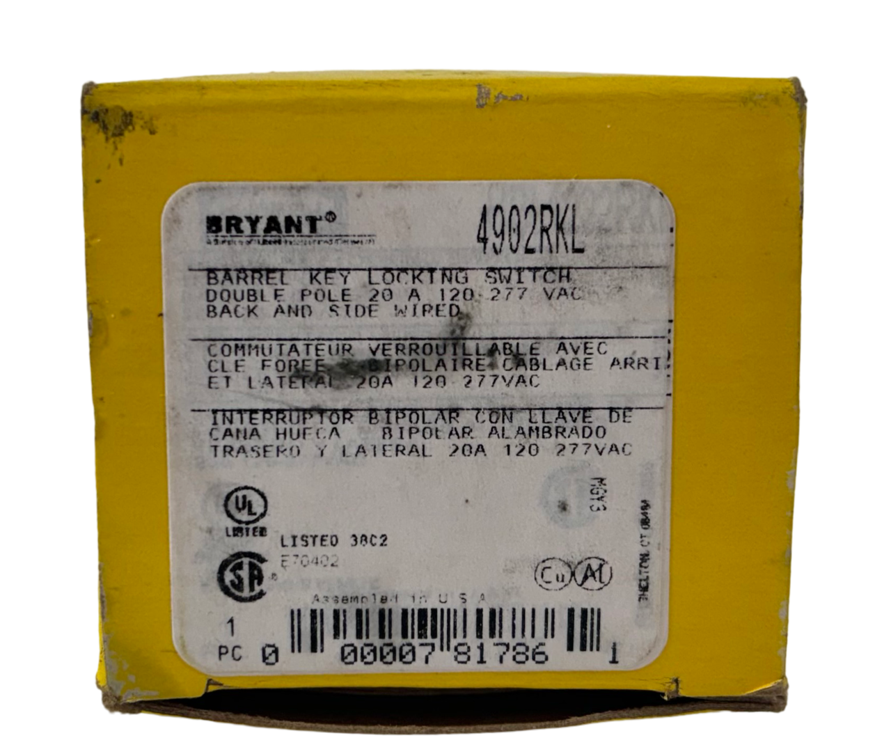 Bryant 4902RKL Barrel Key Locking Switch 20A 120/277V 2P Back and Side Wired