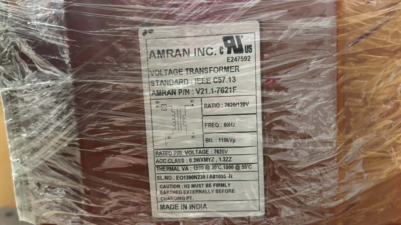 Amran V21.1-7621F Transformer Pri: 7620V Sec: 120V 110kVp W/Eaton 15-5CAVH1E Fuse