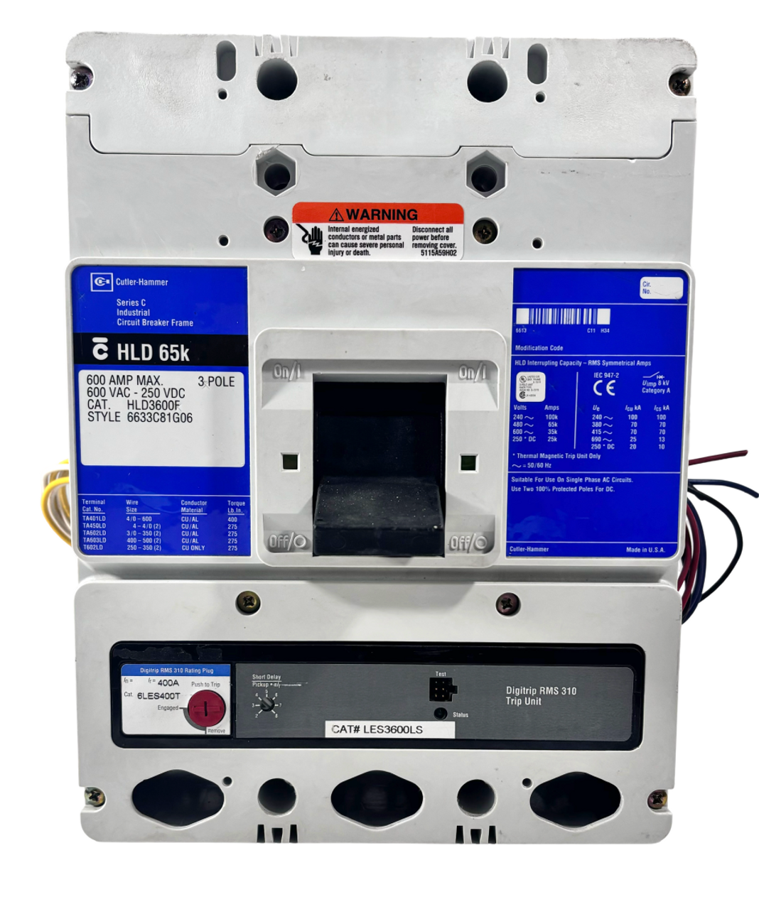 Cutler Hammer HLD3600F Breaker Frame W/Trip Unit 6LES400T 400A 600V 3P 35kA Shunt Trip SNT4LP11K Auxiliary Switch A1X4PK