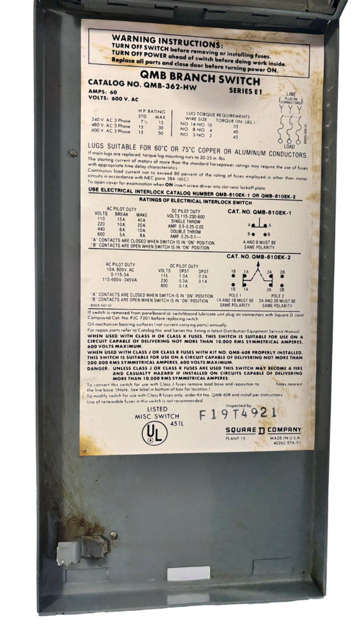 Square D QMB362HW Fusible Switch 60A 600V 3P 50HP NEMA KS1 Single Switch Ser E1