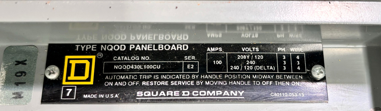 Square D NQOD430L100CU MLO Panelboard 100A 240V 4W 3PH W/MHC26S Enclosure