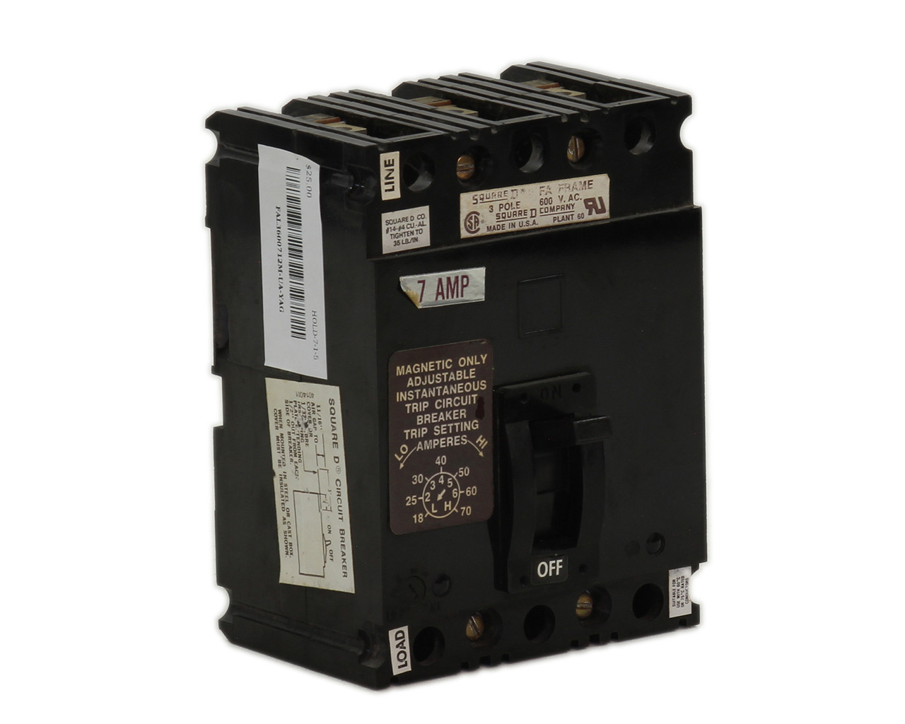 Square D FAL3600712M Breaker 7A 600V 3P 18kA@480V Trip Adjustment