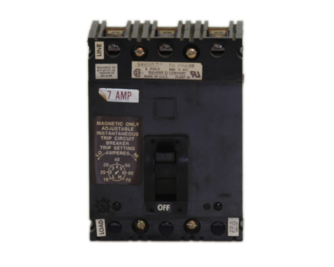 Square D FAL3600712M Breaker 7A 600V 3P 18kA@480V Trip Adjustment