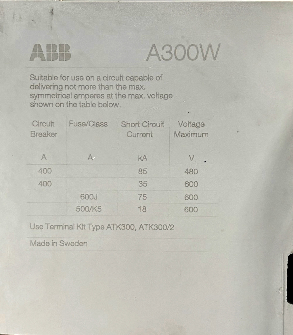 ABB A300W-30 Welding Isolation Contactor 400A Continuous 600V 3P 3PH