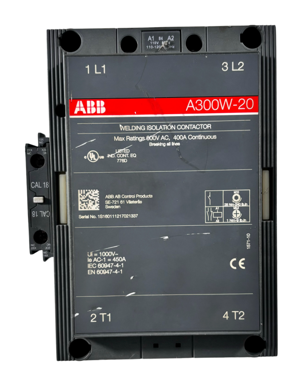 ABB A300W-20 Welding Isolation Contactor 400A Continuous 600V 2P Configuration