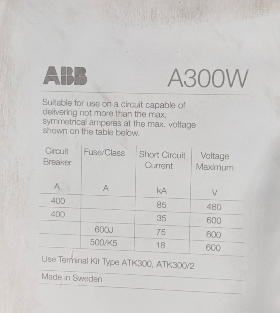 ABB A300W-20 Welding Isolation Contactor 400A Continuous 600V 2P Configuration