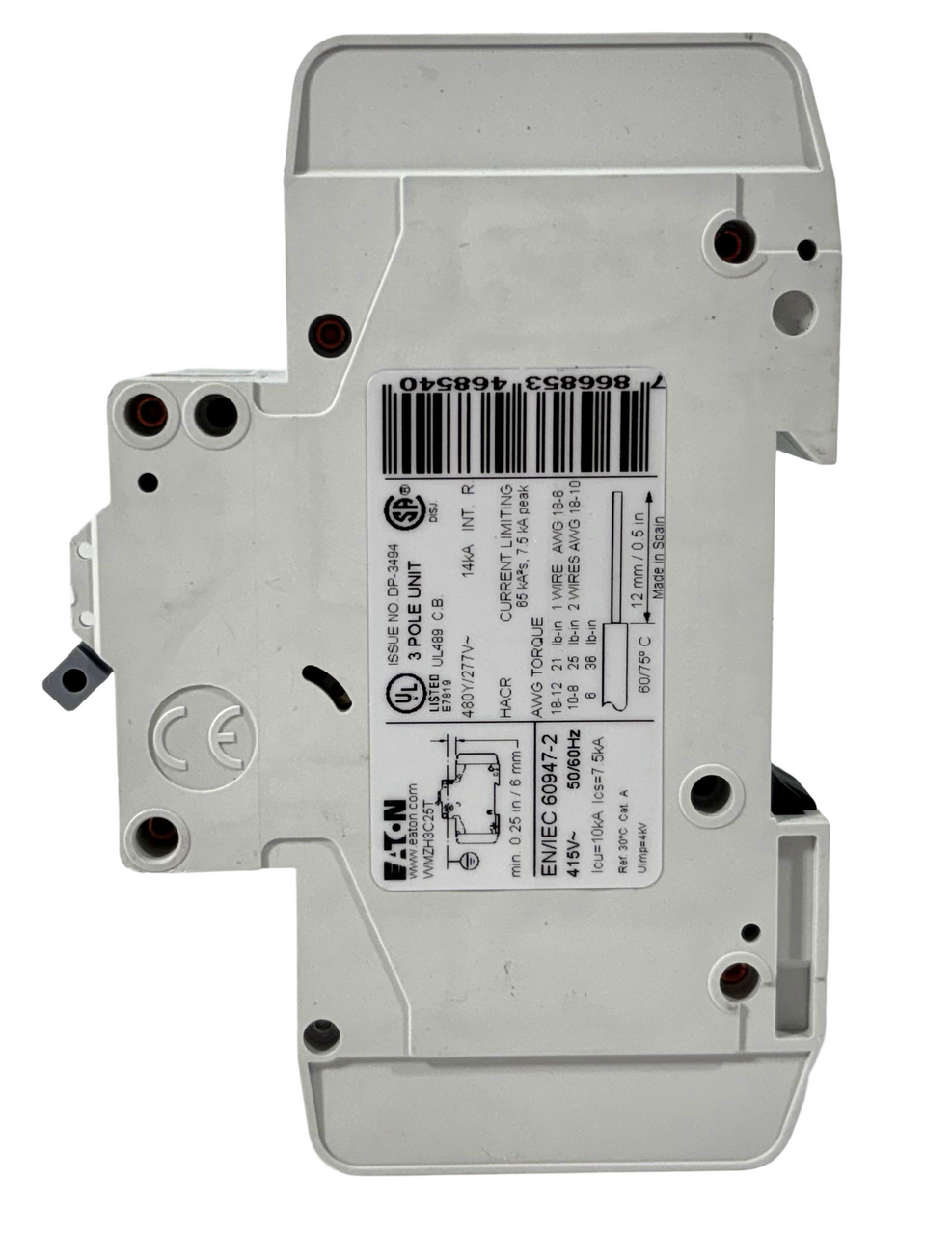 Eaton WMZH3C25T Breaker 25A 480/277V 3P 3PH 14kA Type C DIN Rail Line and Load