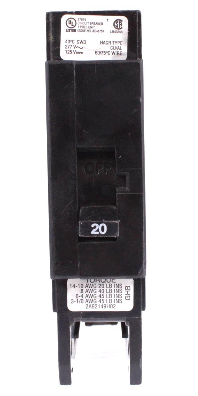 Eaton GHB1020 Bolt-On Breaker 20A 277V Single Pole 14kA Type GHB