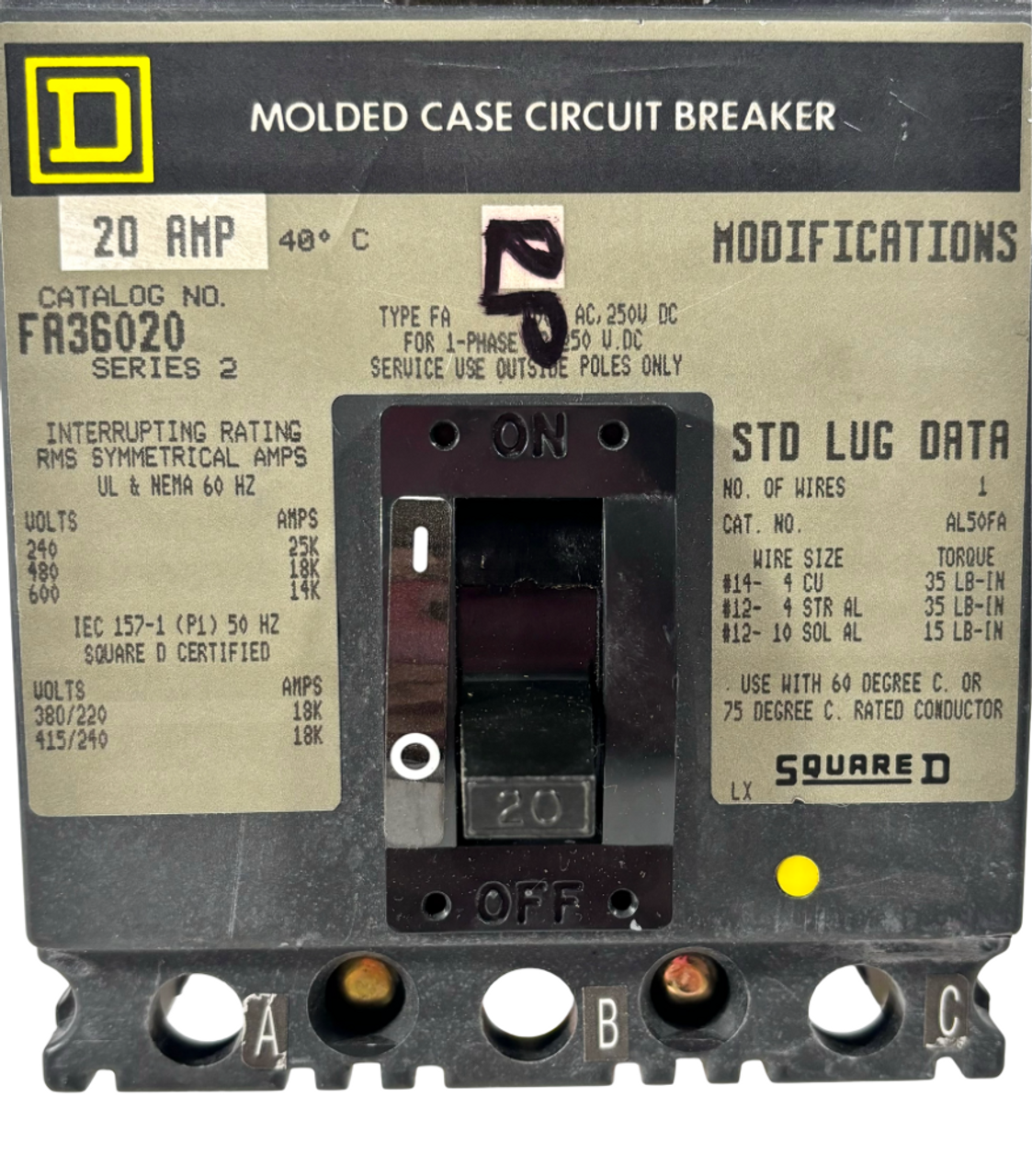 Square D FA36020 Breaker 20A 600V 3P 3PH 14kA I-Line Thermal Magnetic Schneider Electric