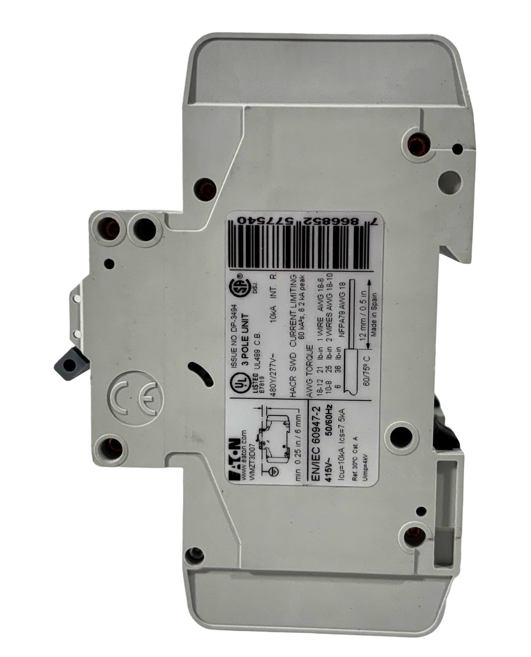 Eaton WMZT3D07 Circuit Breaker | 7A | 3-Pole | 480Y/277V | 10kA | D Curve | DIN Rail | Screw Terminals