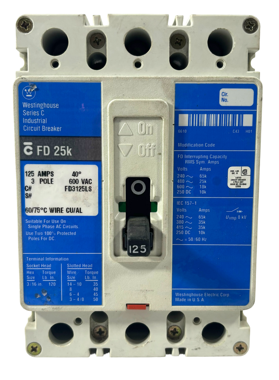 Westinghouse FD3125LS Breaker - 125A 600V 3P 18kA Series C